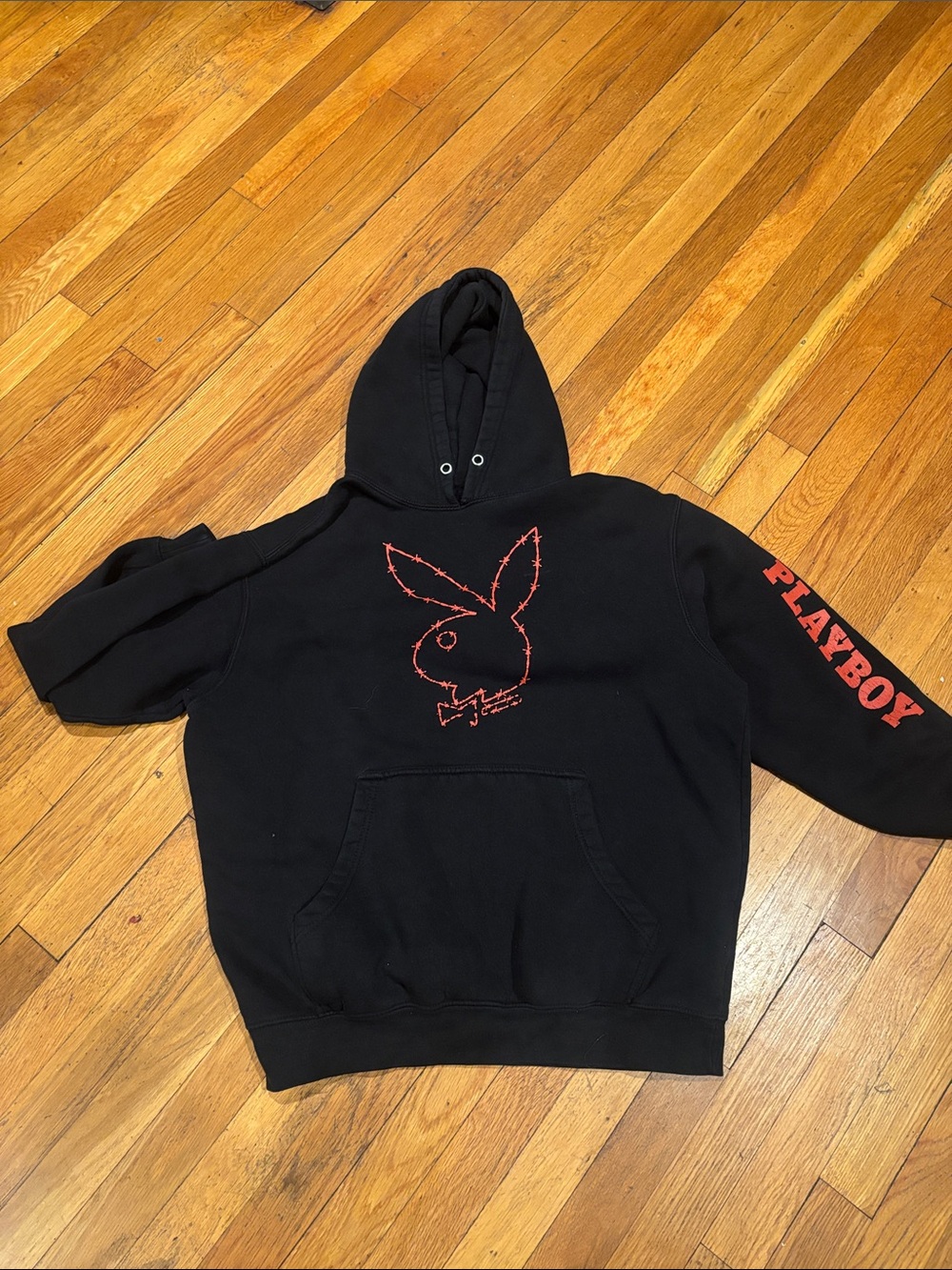 PLAYBOY Black Hoodie with Red Bunny Stitch